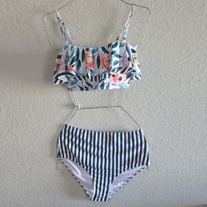 Floral Ruffle Bikini Top with Navy Stripe High-Waist Bottom